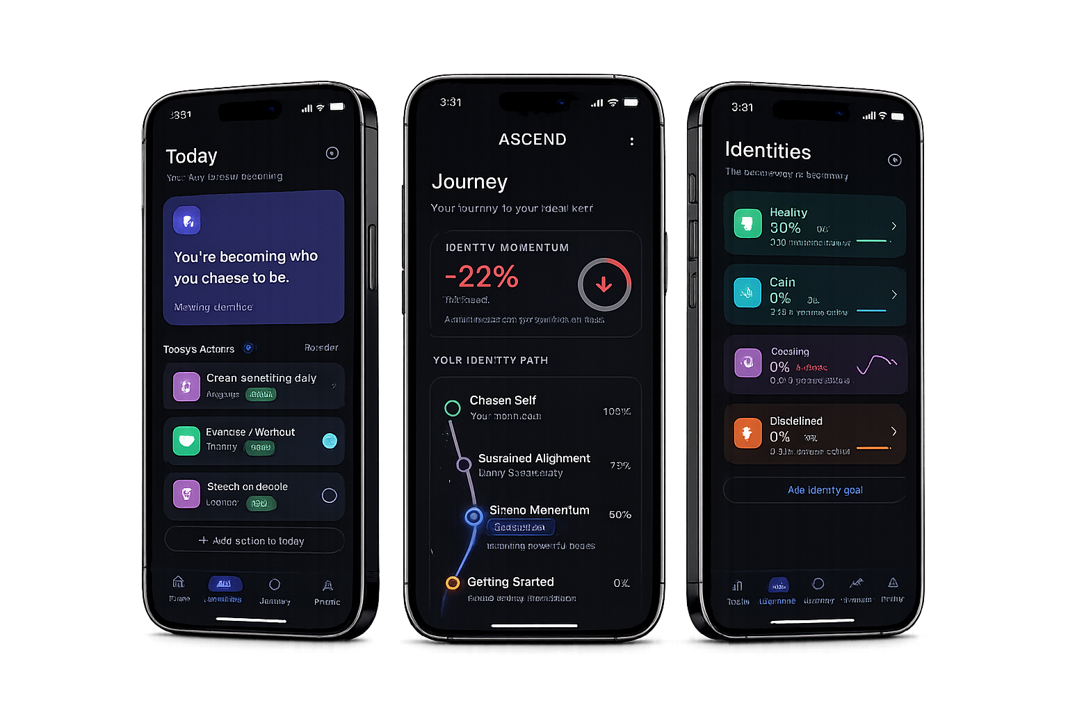 Ascend app screens showing Progress, Identity, and Habits